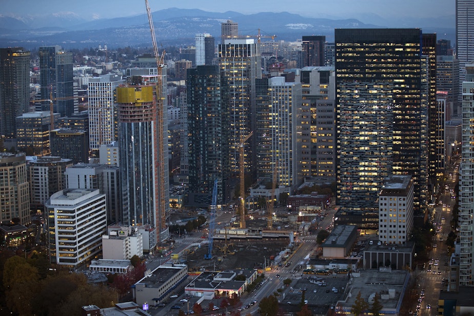 caption: A South Lake Union construction scene, near Amazon's Seattle headquarters, in 2018