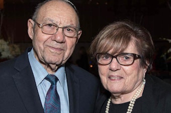 caption: Philip and Ruth Lazowski, both Holocaust survivors, married over a decade after Ruth's mother saved him from a massacre, Philip said.