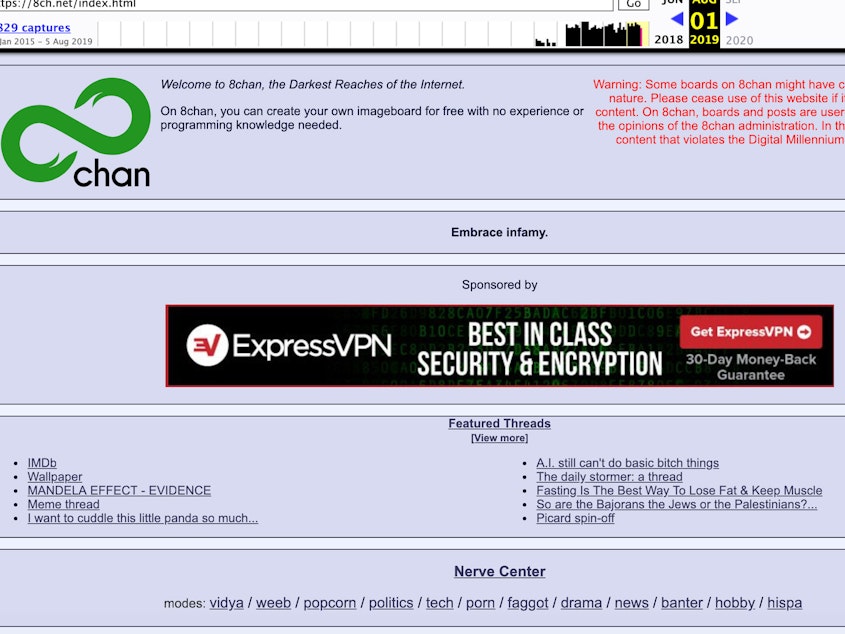 caption: An archived screenshot of 8chan, an online message board that shooters have used to post messages before their attacks, describes itself as "the darkest reaches of the Internet."