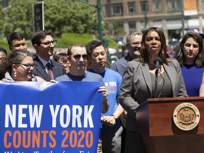 caption: New York State Attorney General Letitia James speaks at a June news conference in New York City. James' office is now leading a coalition of states and other groups in defending the Census Bureau's long-standing policy of including unauthorized immigrants in population counts used for reapportioning seats in Congress.