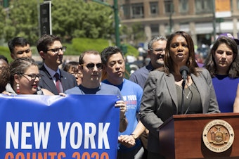 caption: New York State Attorney General Letitia James speaks at a June news conference in New York City. James' office is now leading a coalition of states and other groups in defending the Census Bureau's long-standing policy of including unauthorized immigrants in population counts used for reapportioning seats in Congress.