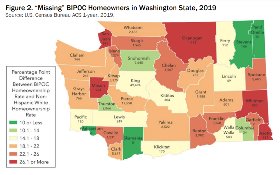 caption: This chart showing each county in Washington state displays the number of BIPOC-owned homes needed reach a homeownership rate equal to non-Hispanic white households.