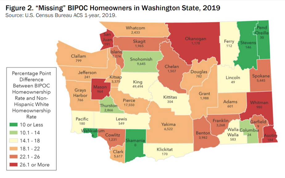 caption: This chart showing each county in Washington state displays the number of BIPOC-owned homes needed reach a homeownership rate equal to non-Hispanic white households. 