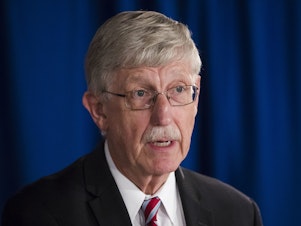 caption: National Institutes of Health Director Dr. Francis Collins speak during a news conference in 2017.