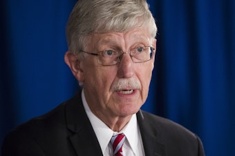 caption: National Institutes of Health Director Dr. Francis Collins speak during a news conference in 2017.