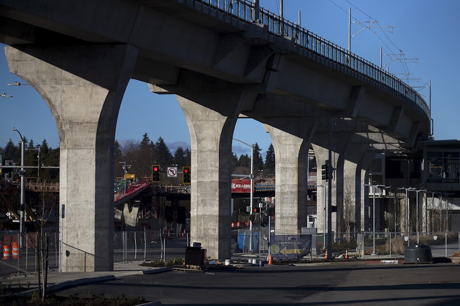 caption: Construction of the Sound Transit Northgate Link Light Rail continues on Tuesday, February 9, 2021, in Seattle. Projects currently under construction will not face delays, but projects still being planned could face delays of between 2 and 10 years, if projected budget shortfalls don't disappear.