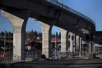 caption: Construction of the Sound Transit Northgate Link Light Rail continues on Tuesday, February 9, 2021, in Seattle. Projects currently under construction will not face delays, but projects still being planned could face delays of between 2 and 10 years, if projected budget shortfalls don't disappear.