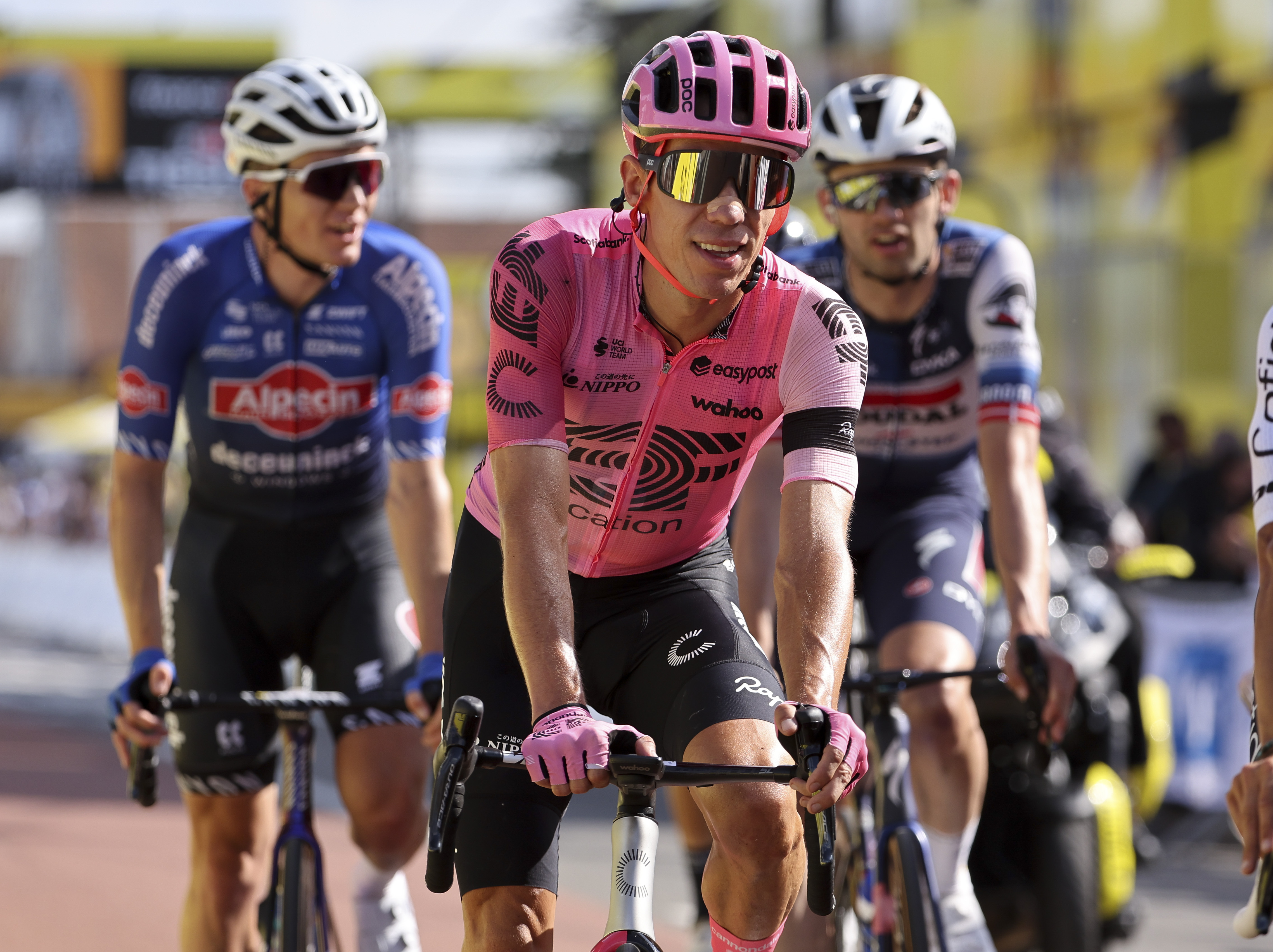 caption: Rigoberto Urán crosses the finish line of stage 12 of the 110th Tour de France, July 13, 2023, in Belleville-en-Beaujolais, France.