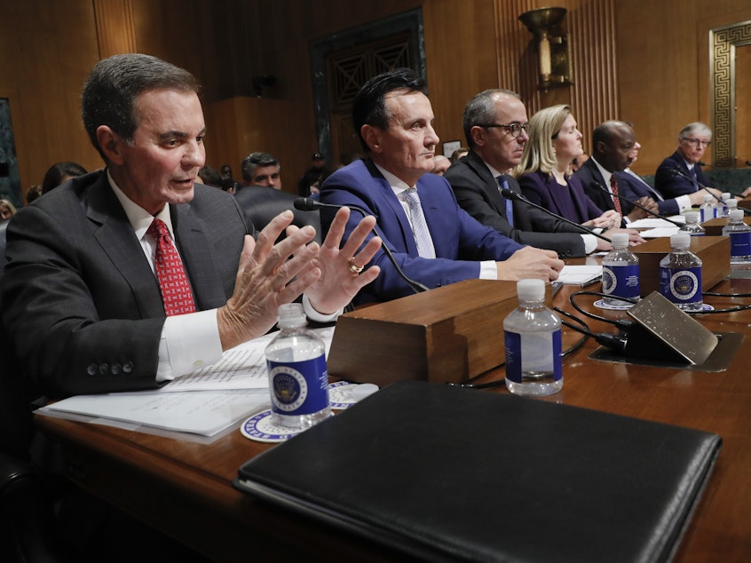 caption: Drug prices in the United States support spending on research and development, said AbbVie CEO Richard Gonzalez (far left) in testimony by drug company executives before the Senate Finance Committee on Tuesday.