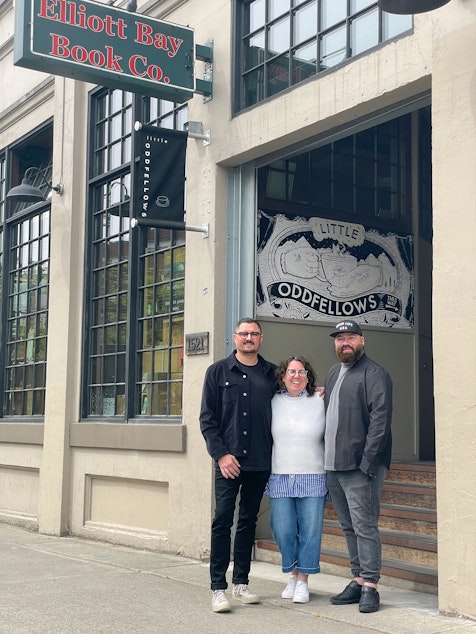 caption: Elliott Bay Book Company's new owners Murf Hall, Tracy Taylor and Joey Burgess. They took over the bookstore as of June 1, 2022