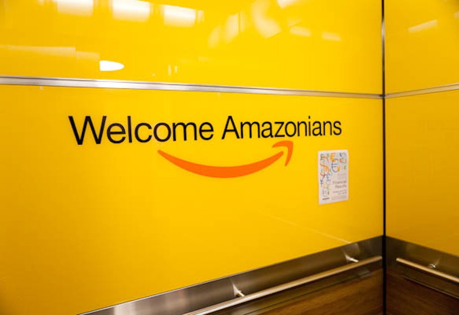 caption: The inside of the elevators at Amazon headquarters in Seattle. People who work at Amazon refer to themselves as Amazonians.