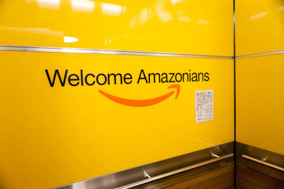 caption: The inside of the elevators at Amazon headquarters in Seattle. People who work at Amazon refer to themselves as Amazonians.