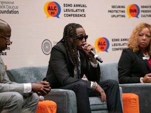 caption: A panel speaks about gun violence prevention at the 2023 Congressional Black Caucus' annual legislative conference.