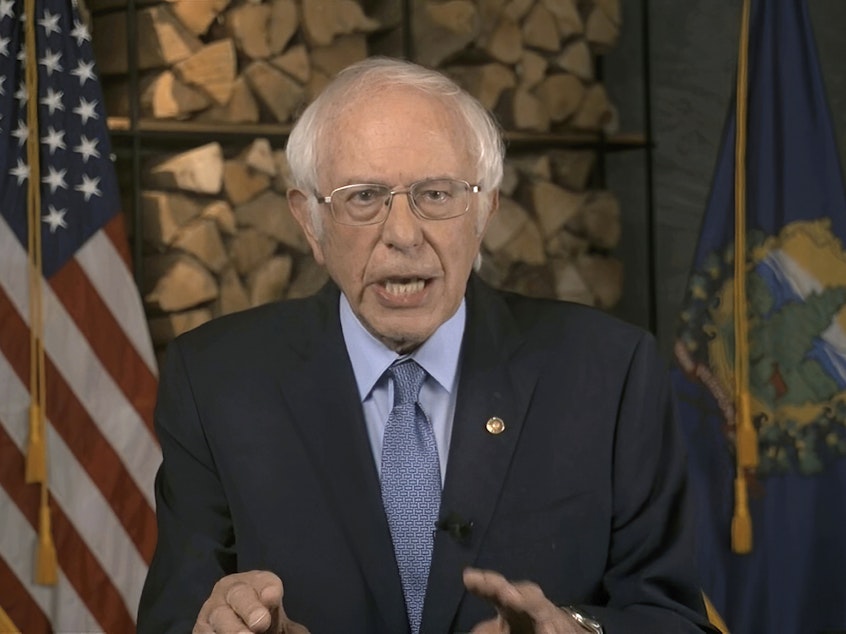 caption: In this image from video, Sen. Bernie Sanders, I-Vt., speaks during the first night of the Democratic National Convention.