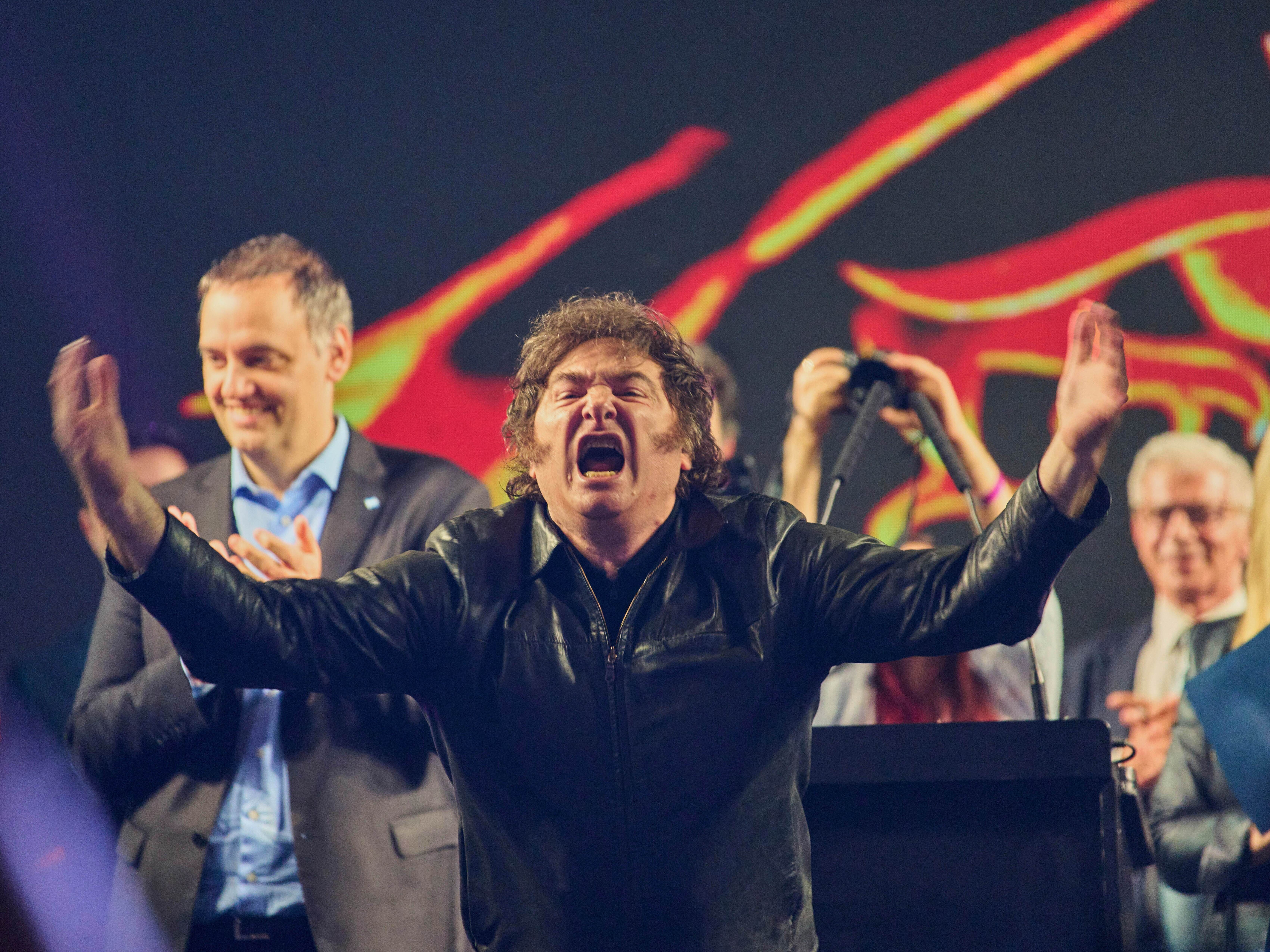 caption: Argentina's President Javier Milei greets supporters during the closing campaign rally for Manuel Adorni, a contender in the upcoming elections for the Buenos Aires city legislature, in Buenos Aires, Argentina on Wednesday.
