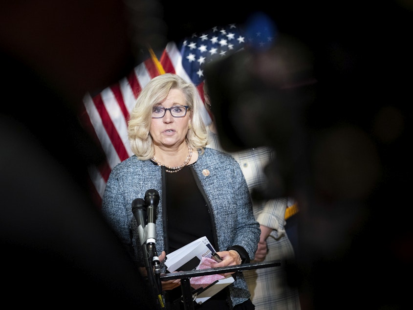caption: Support for Rep. Liz Cheney, seen here on April 20, is crumbling as Rep. Steve Scalise, the second-ranking House Republican, is publicly supporting her ouster from the GOP leadership.