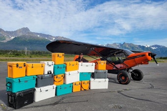 caption: Duke Marolf of Seward, Alaska, stands behind coolers he found in July by flying his bush plane over remote beaches along Alaska's Kenai Peninsula.