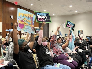 caption: Trans-rights supporters filled a meeting of Florida's medical boards on Feb. 10, 2023 in Tallahassee. The boards voted to approve rules banning gender-affirming care for transgender youth, rules later codified by the state legislature.