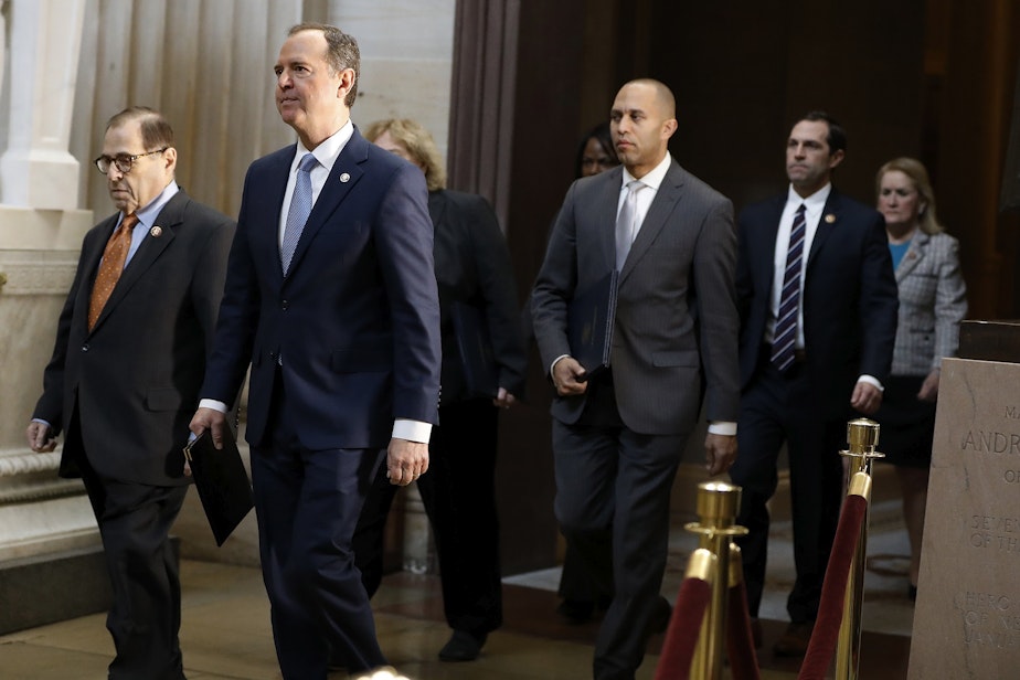 caption: Impeachment managers, House Judiciary Committee Chairman, Rep. Jerrold Nadler, D-N.Y., left, and House Intelligence Committee Chairman Adam Schiff, D-Calif., second from left, walk with as Rep. Hakeem Jeffries, D-N.Y., Rep. Sylvia Garcia, D-Texas, Rep. Val Demings, D-Fla., Rep. Zoe Lofgren, D-Calif., and Rep. Jason Crow, D-Colo., from the Senate at the Capitol in Washington, Thursday, Jan. 16, 2020. 