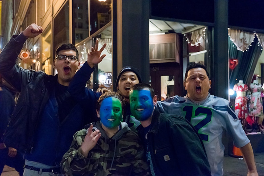 caption: Seahawks fans celebrated in Seattle after the Super Bowl victory on Sunday.