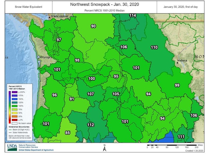 caption: The Northwest has largely normal to above normal snowpack as of the end of January 2020.