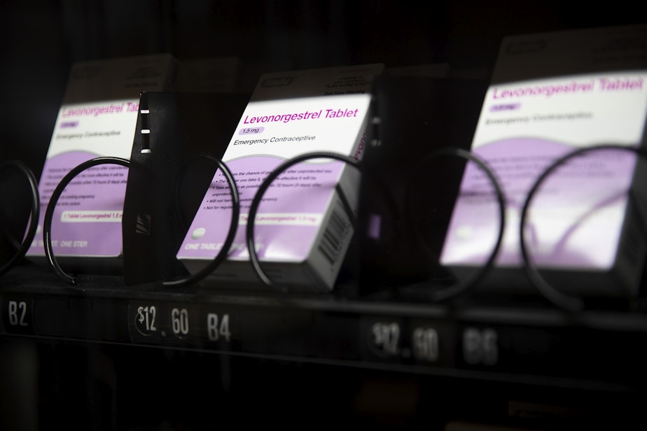 caption: An emergency contraceptive vending machine is shown on Thursday, July 27, 2023, in the lobby of the Odegaard Library on the University of Washington campus in Seattle. 
