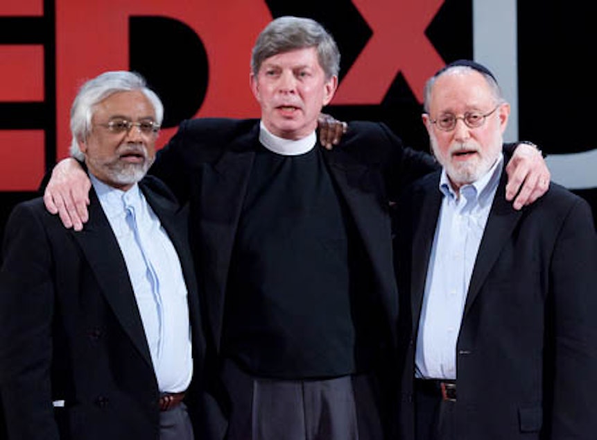 caption: The Interfaith Amigos: Imam Jamal Rahman, Pastor Don Mackenzie and Rabbi Ted Falcon.