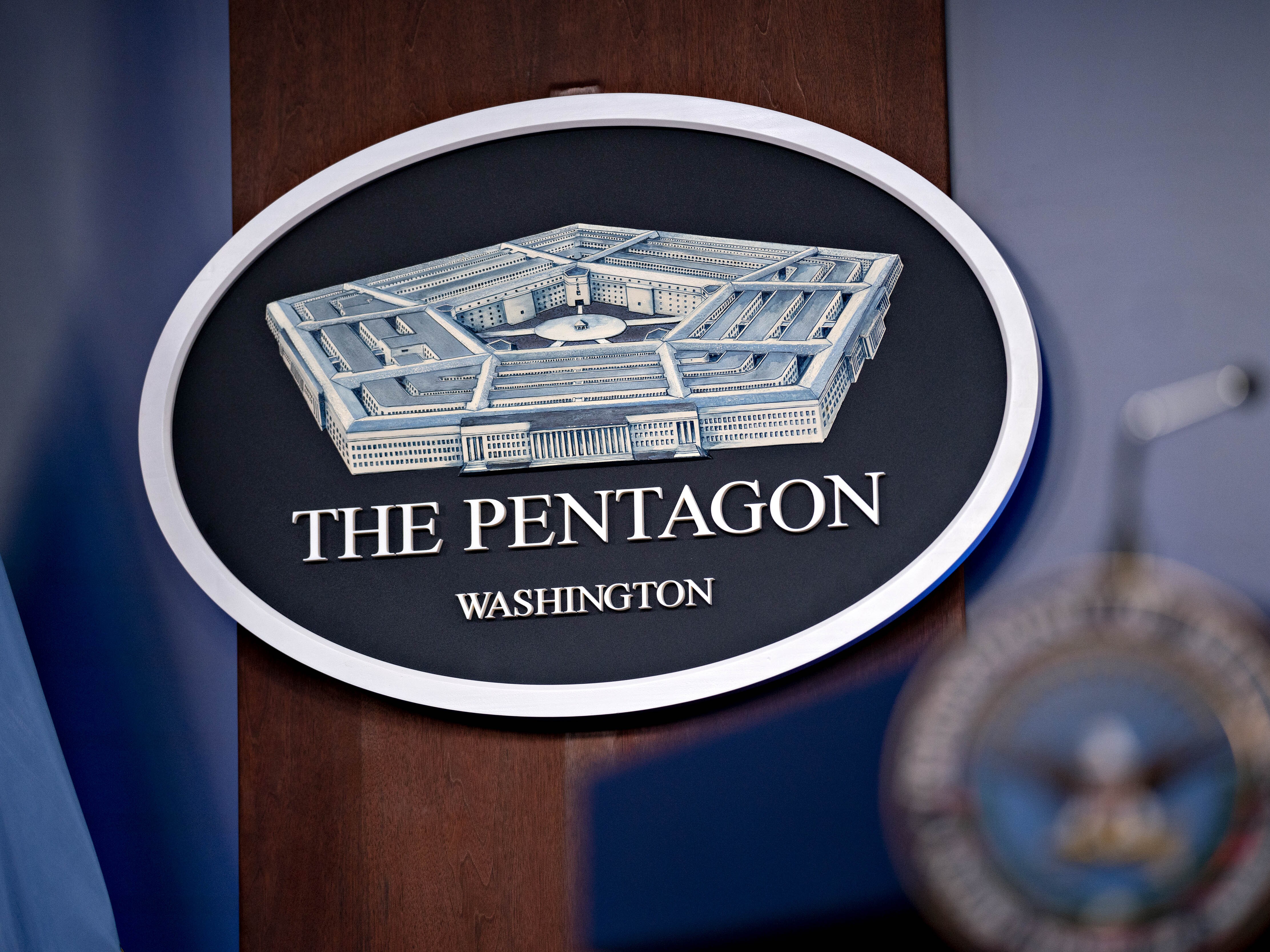 caption: The Pentagon seal in the Pentagon Briefing Room in Arlington, Virginia., U.S., on Wednesday, Sept. 1, 2021.
