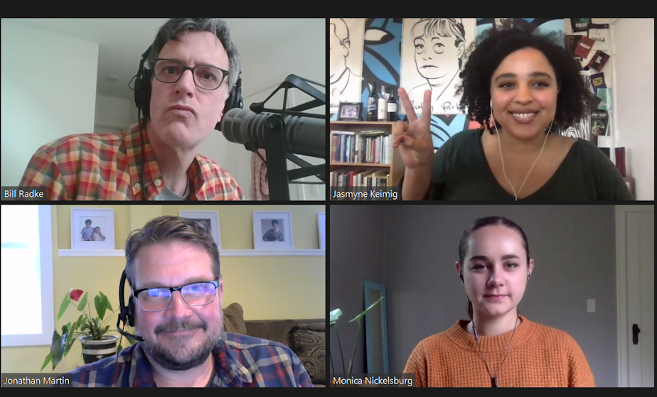 caption: A rather grumpy looking Bill Radke, Jasmyne Keimig, Jonathan Martin, and Monica Nickelsburg ready to talk the week's news