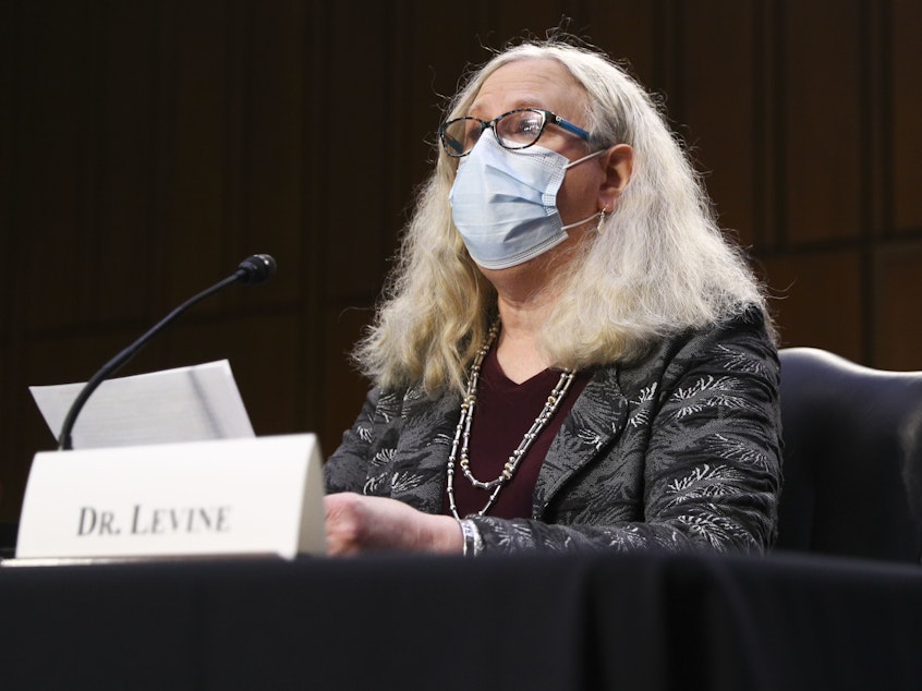 caption: Dr. Rachel Levine during her confirmation hearing in February. In an NPR interview Thursday, Levine questions state measures limiting transgender rights.