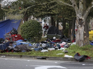 caption: A homeless camp is seen after a vehicle crashed into the camp, killing several people, on Sunday, in Salem, Ore.