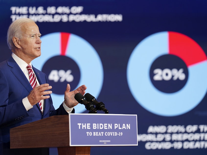 caption: Former Vice President Joe Biden focuses on the coronavirus in an address Friday in Wilmington, Del.
