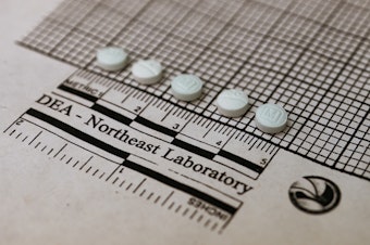 caption: Tablets suspected to be fentanyl are placed on a graph to measure their size at the Drug Enforcement Administration Northeast Regional Laboratory on October 8, 2019 in New York.