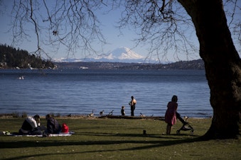 caption: Mt. Rainier is seen from Seward Park on Monday, March 18, 2019, in Seattle.