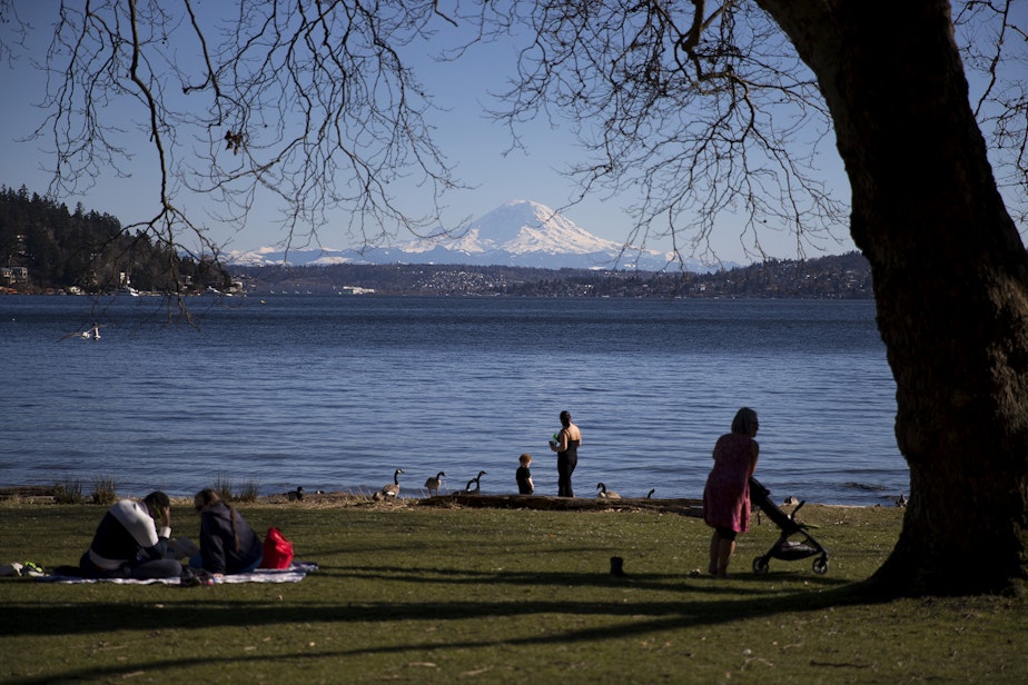 caption: Mt. Rainier is seen from Seward Park on Monday, March 18, 2019, in Seattle.