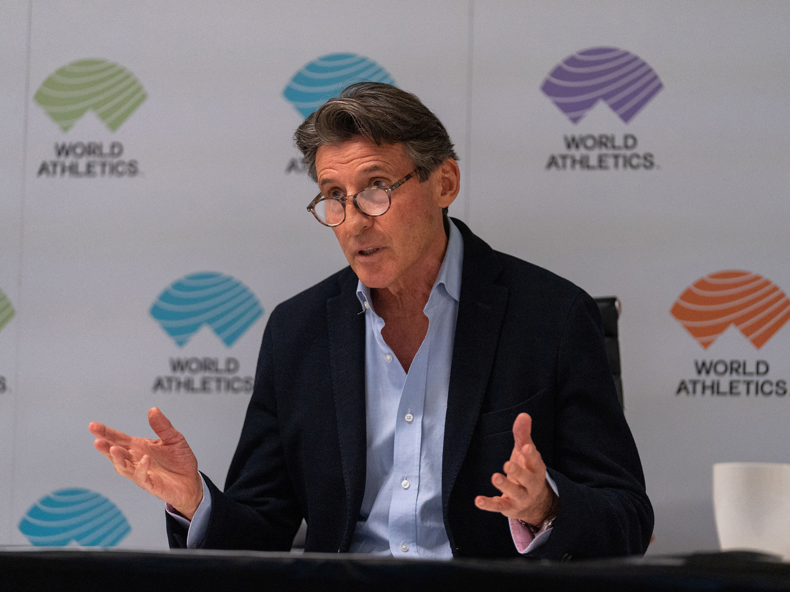 caption: World Athletics president Sebastian Coe during a press conference on March 23, 2023
