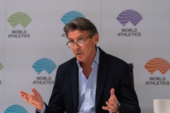 caption: World Athletics president Sebastian Coe during a press conference on March 23, 2023