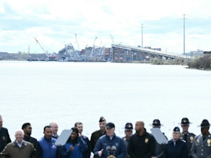 caption: President Biden speaks about efforts to rebuild the Francis Scott Key Bridge in Baltimore after surveying the damage.