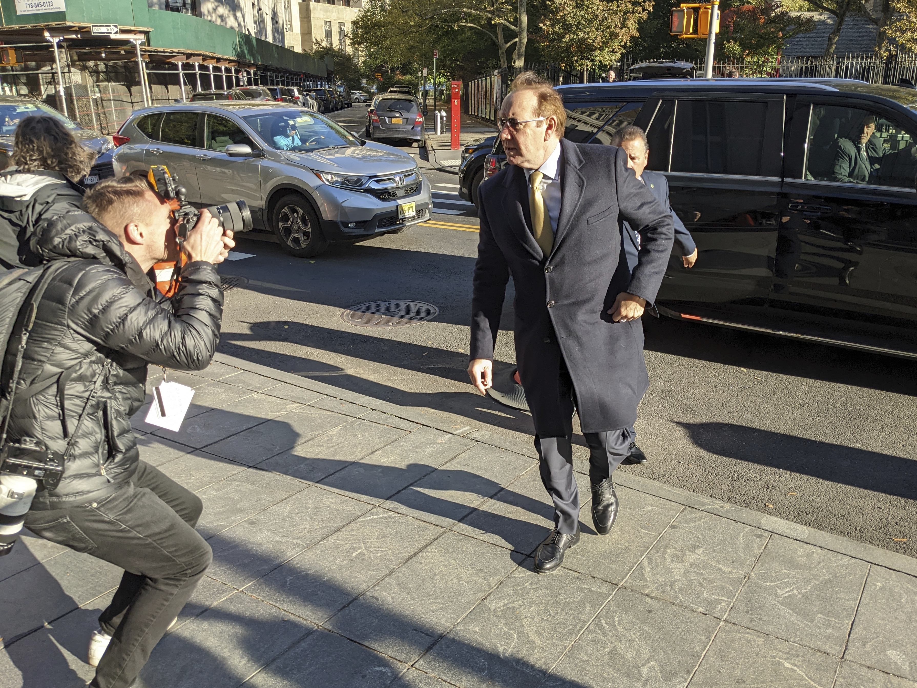 caption: Actor Kevin Spacey arrives at federal court for a civil trial in New York City on Thursday.