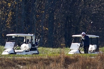 caption: President Donald Trump participates in a round of golf at the Trump National Golf Course on Saturday, Nov. 7, 2020, in Sterling, Va.