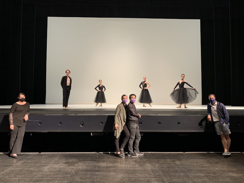 caption: Choreographer Jessica Lang and her husband/collaborator Kanji Segawa, center front, with cast members from "Ghost Variations." PNB Artistic Director Peter Boal is at front right, pianist Christina Seimens at left front.