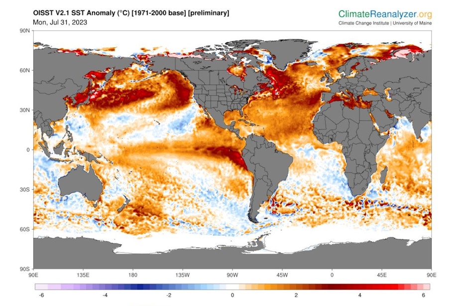 caption: Large areas of the northern hemisphere's oceans were experience heat waves on July 31.
