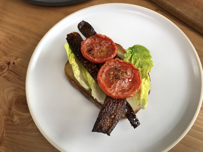 caption: A banana peel finds second use as a bacon substitute in chef Joel Gamoran's BLT sandwich. 