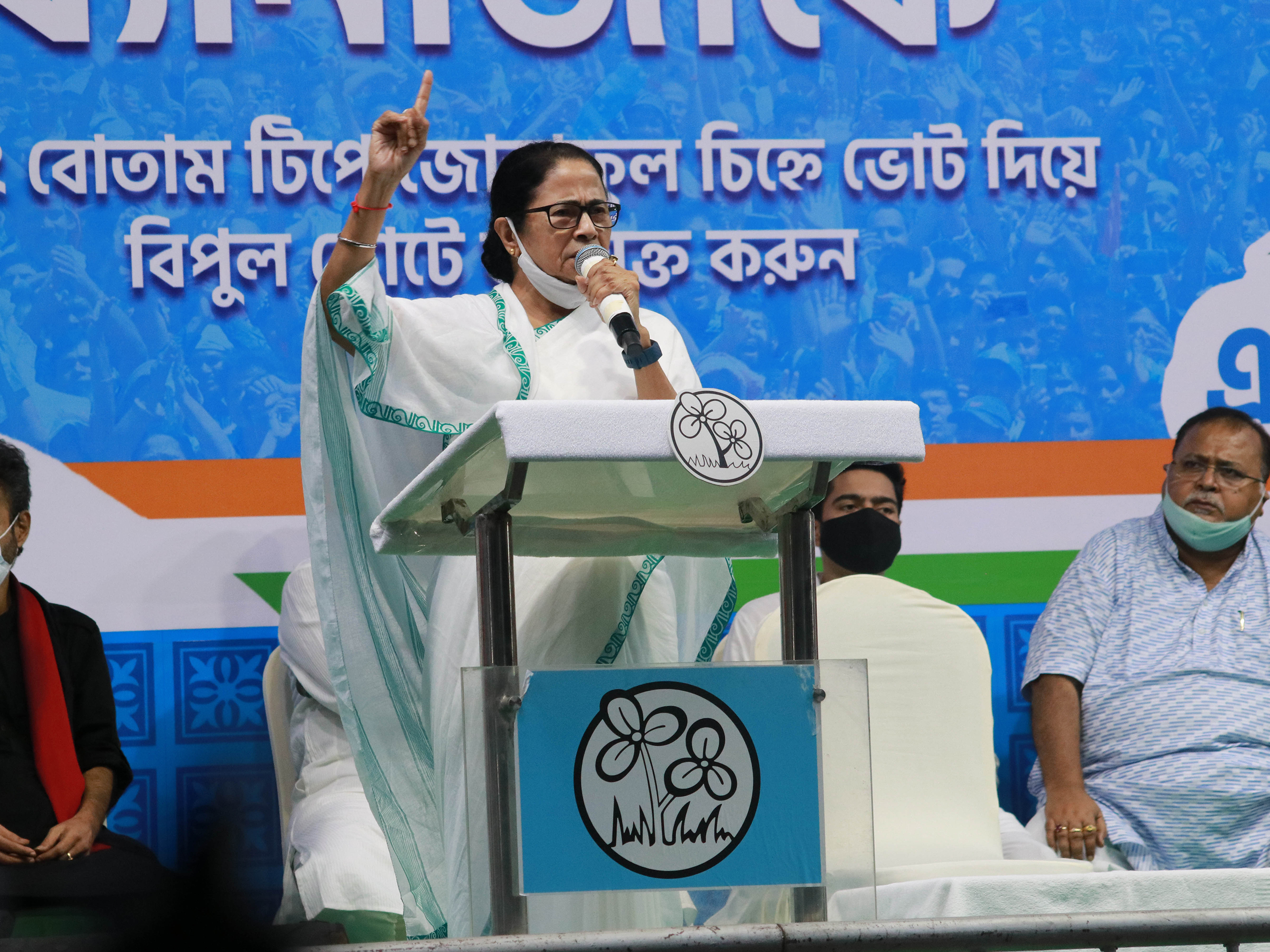 caption: West Bengal Chief Minister Mamata Banerjee speaks during a by-election campaign in Kolkata on Sept. 26. Famous for her fiery speeches and welfare programs geared toward women, Banerjee, 66, is beloved in her home state. This year, <em>Time</em> magazine included her in its list of the world's 100 most influential people.