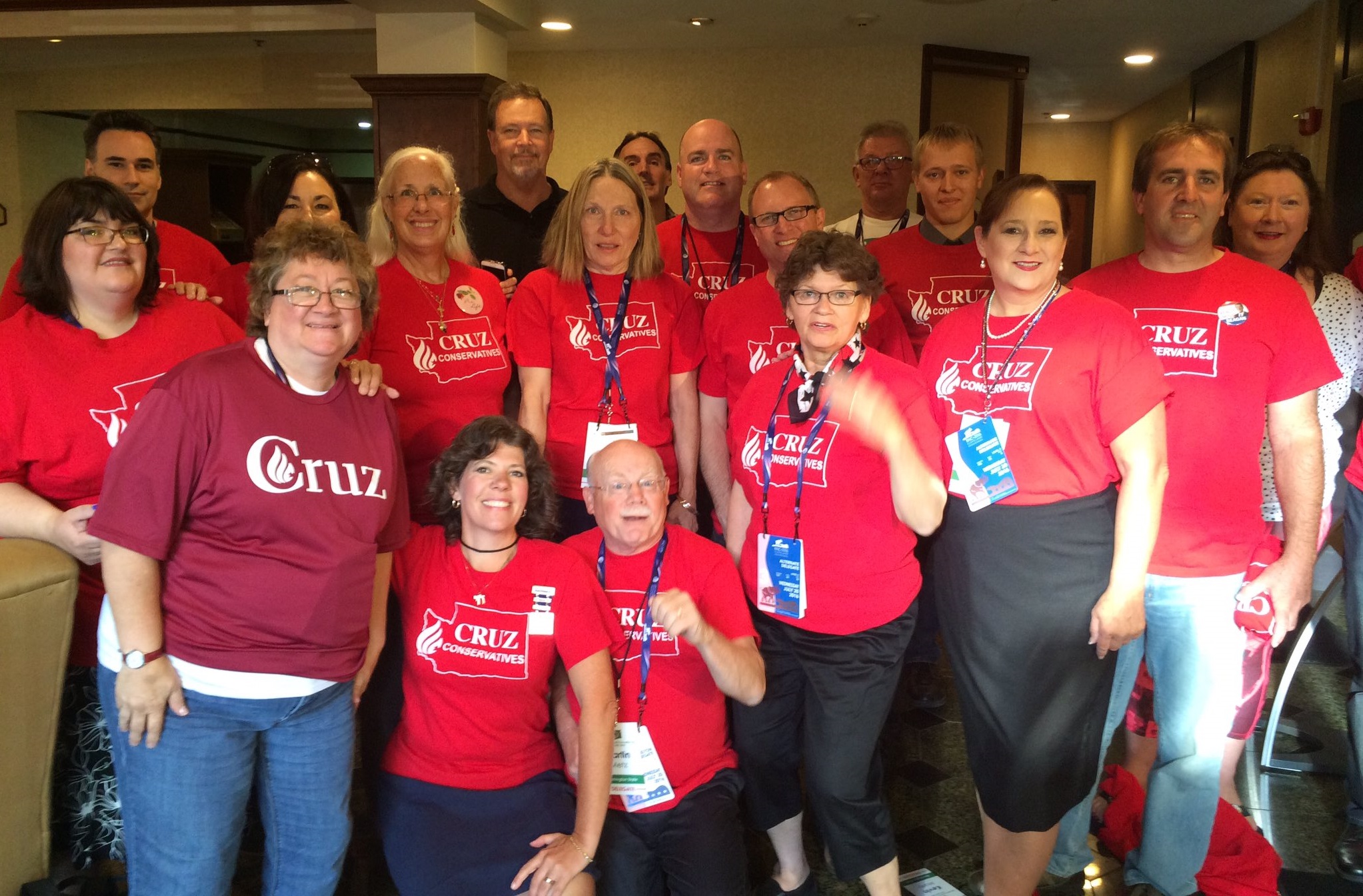 caption: Lots of members of Washington state's delegation to the GOP convention still back Ted Cruz. They wore these T-shirts Wednesday morning at their hotel in Cleveland.