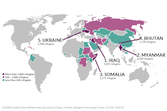 caption: Between 2010 and 2016, more than 16,504 refugees came to Washington state from 46 countries. The majority came from Iraq, Myanmar, Somalia, Bhutan and Ukraine. 