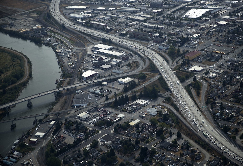 caption: Afternoon traffic on I-5 near Everett is shown on Wednesday, August 23, 2017.