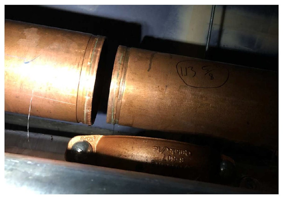 caption: The section of the 6” pipe and Victaulic coupling that blew April 24, 2020 at the Clark Children and Family Justice Center.