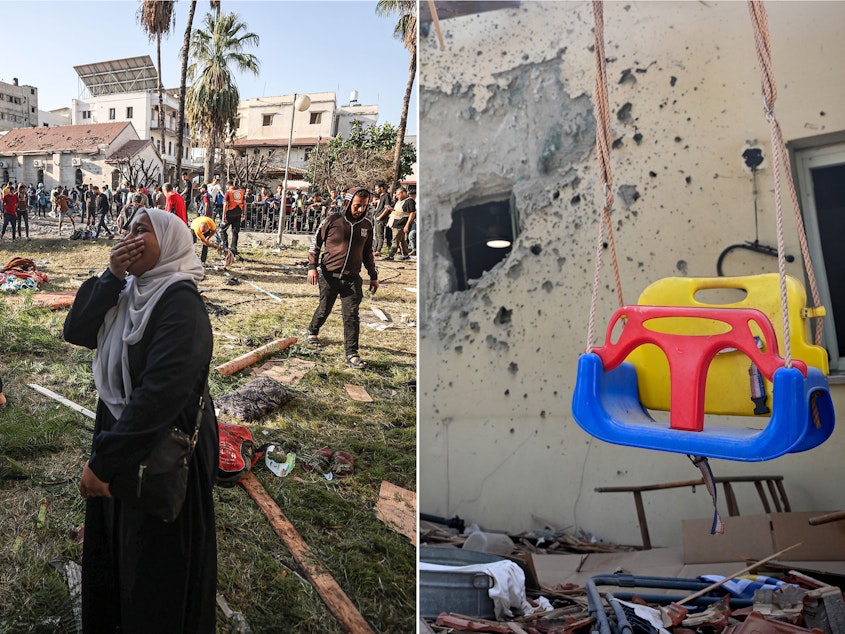 caption: Left: A Palestinian woman cries at the garden of Al-Ahli Arabi Baptist Hospital after it was hit in Gaza City, Gaza on Oct. 18. Right: After an attack by Hamas on a kibbutz near the Gaza border, a swing is left intact while most of this family's house is in ruins. Five family members were kidnapped.