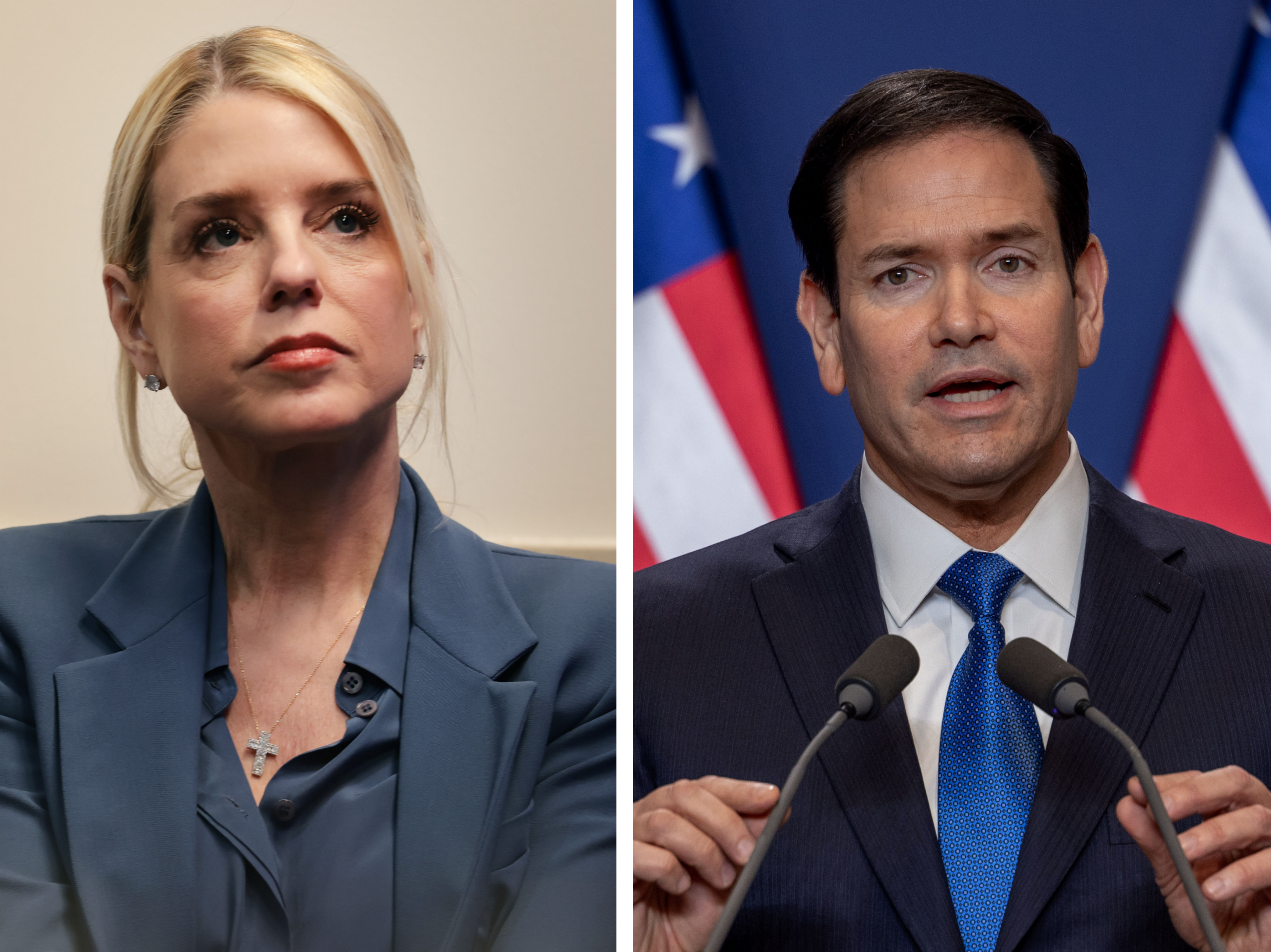 caption: Attorney General Pam Bondi, Secretary of State Marco Rubio and outgoing Secretary of Homeland Security Kristi Noem are named as defendants in a new lawsuit over the Trump administration's immigration policy to suppress free speech.